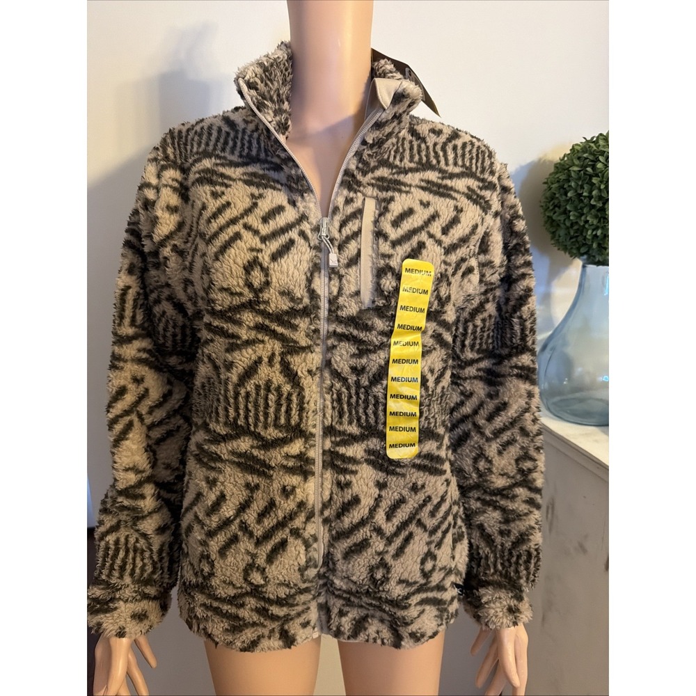 Eddie Bauer Women's M Tan/blk Sherpa Fleece Jacket NWT Full Zip Soft Cozy Warm